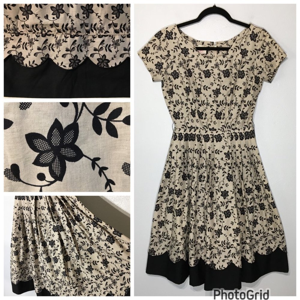 Vintage 50s Tan Floral Fit and Flare Party Dress Matching Belt Pleated Skirt VLV